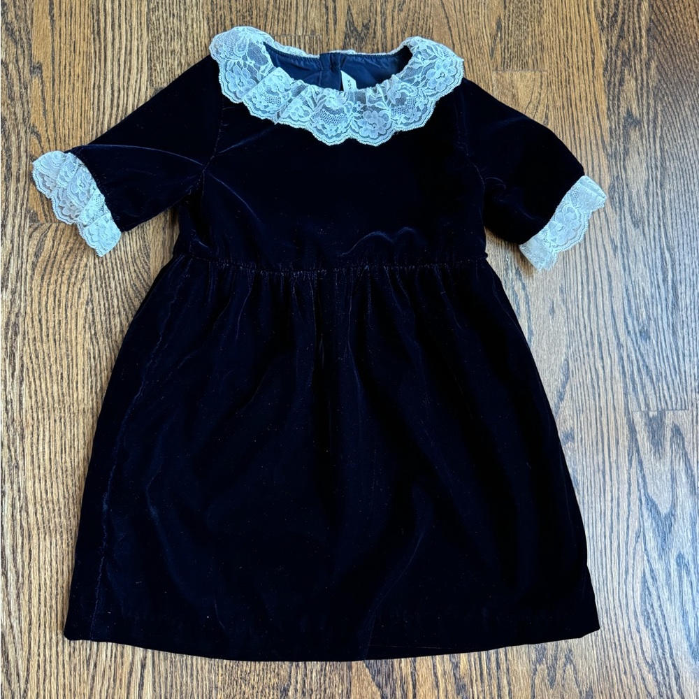 Janie and Jack Girls Holiday Dress Velvet w/ Lace navy blue size 5 perfect!